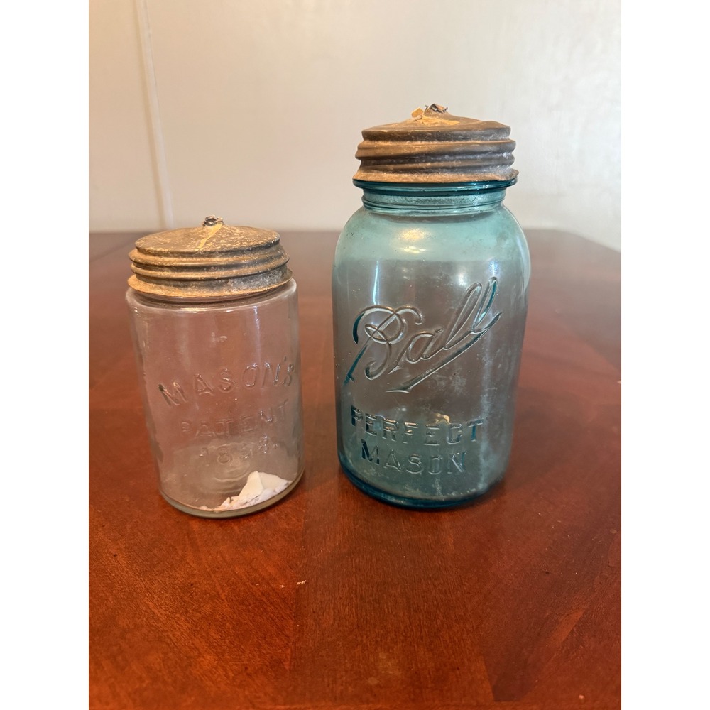 Vintage Ball Perfect Mason Blue Jar & Clear 1858 Patent Mason Jar Set Zinc Lids